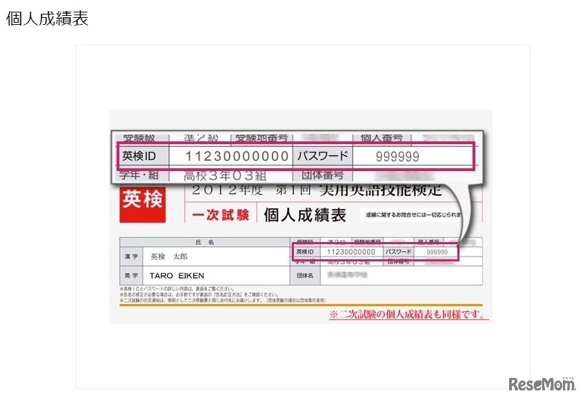 英検IDの記載場所（個人成績表）