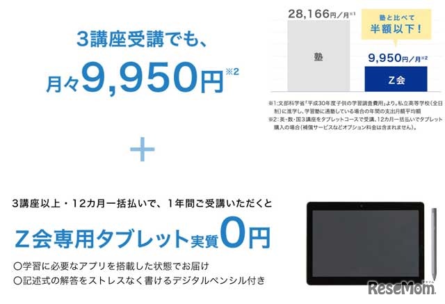 英語・数学・国語の3講座・タブレット付きで月々9,950円から