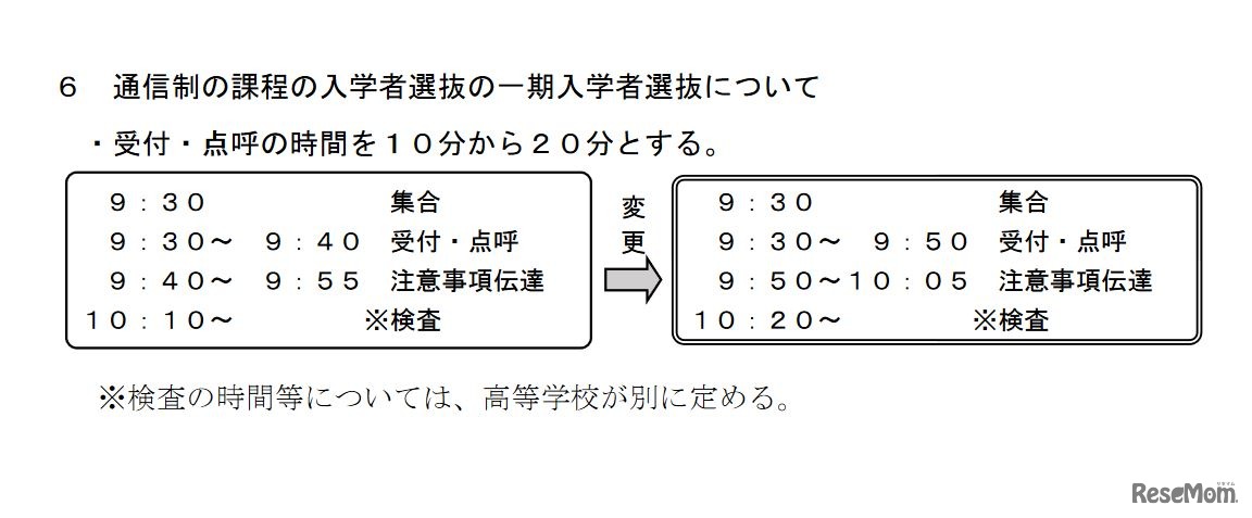 本検査当日の検査時間割の変更（通信制の課程の入学者選抜の一期入学者選抜）