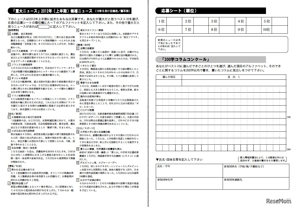 重大ニュース2012年（上半期）候補ニュース／応募シート