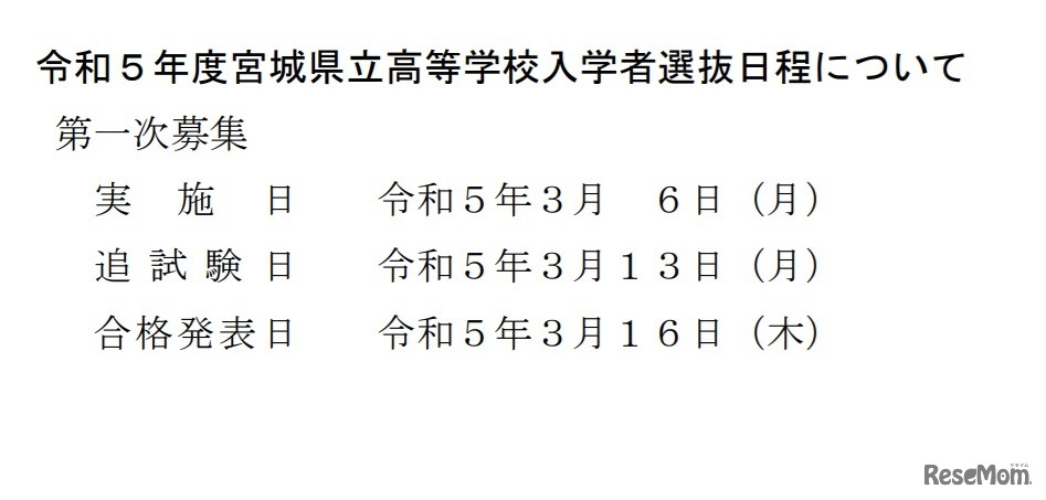 令和5年度宮城県立高等学校入学者選抜日程