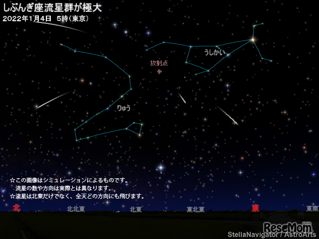 2022年1月4日5時（東京）のしぶんぎ座流星群のシミュレーション　(c) アストロアーツ