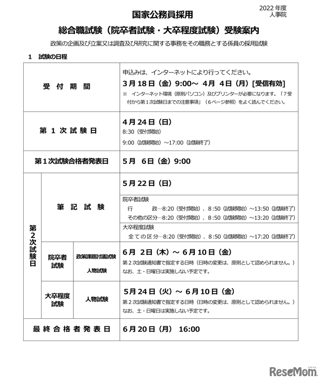 総合職試験（院卒者・大卒程度試験）受験案内
