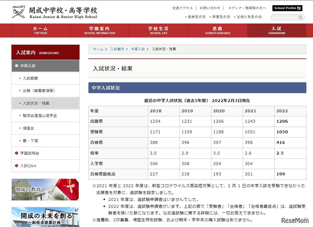 開成中学校　中学入試状況