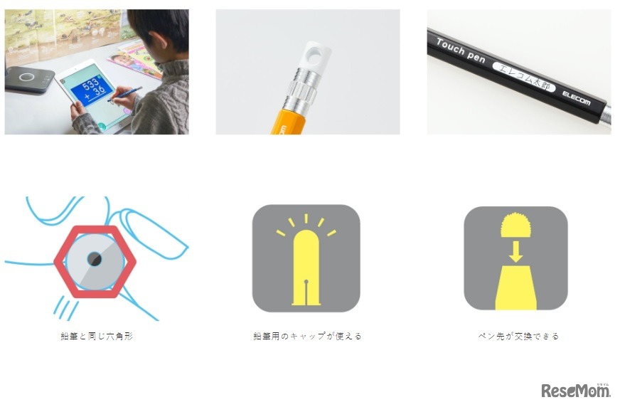 鉛筆と同じ六角形、名前を入れるスペース、ストラップホールがある