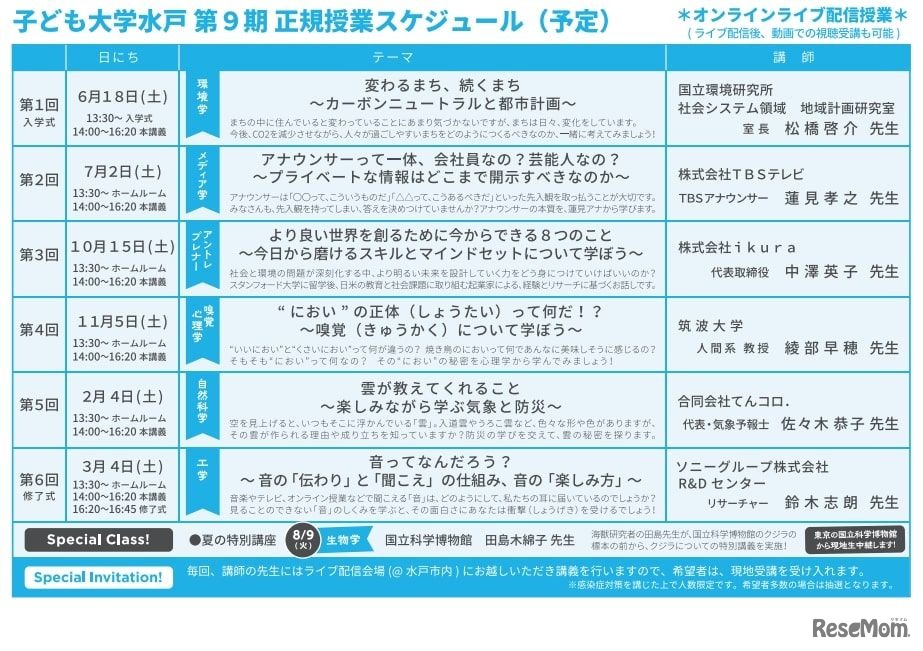 「子ども大学水戸」授業スケジュール（予定）