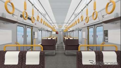 岡山・備後エリア用227系の車内イメージ。側扉付近のスペースが拡大され、上部には2か国語対応の情報表示装置を設置。照明はLEDで、自動温度調節機能付き空調装置、自動換気機能、車椅子・ベビーカー用スペース、バリアフリートイレ、防犯カメラも備える。オレンジ色の吊り手や手すりは咄嗟の時に掴みやすい形状とし、安全性を高める。