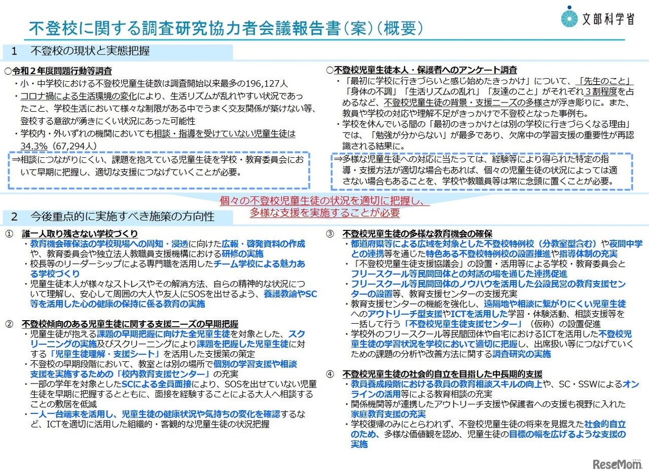 不登校に関する調査研究協力者会議報告書案（概要）
