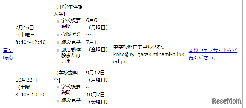 竜ヶ崎南の日程等