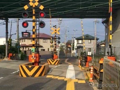 従来のガイドライン：（踏切手前への視覚障害者誘導用ブロック、踏切内への誘導表示を設置した事例）