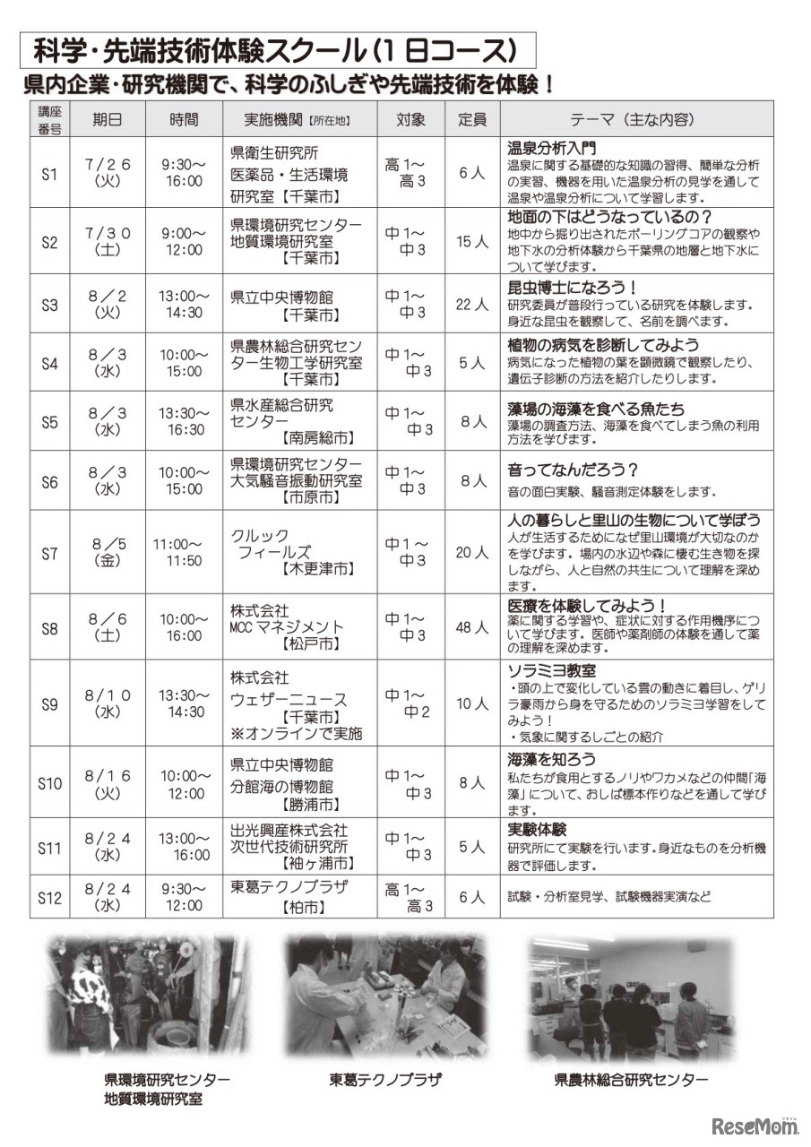 科学・先端技術体験スクール（1日コース）講座一覧【中高生対象】