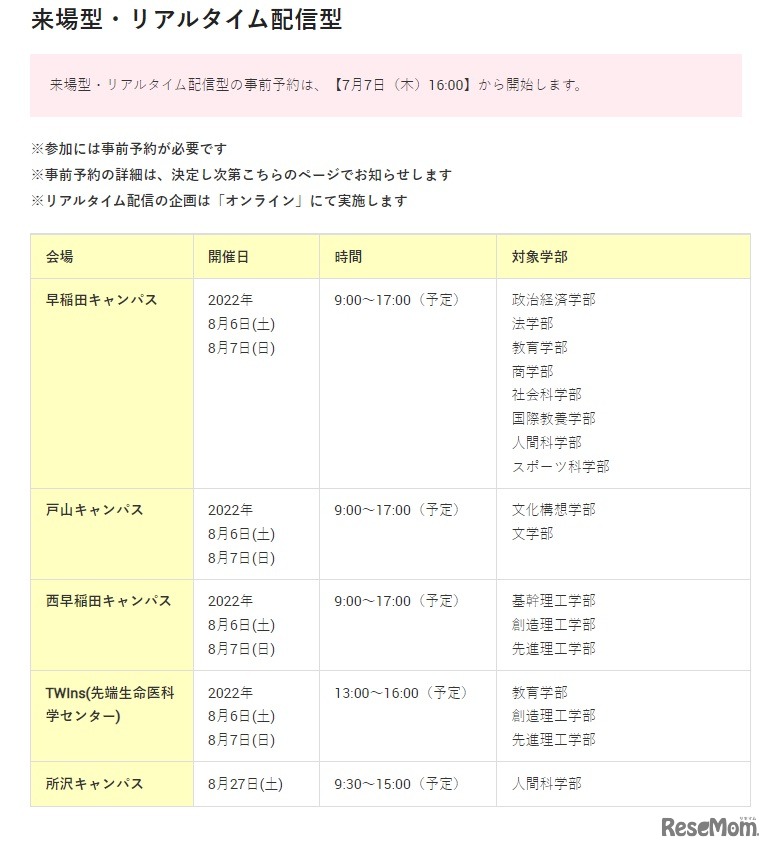 オープンキャンパス「来場型」「リアルタイム配信型」日程
