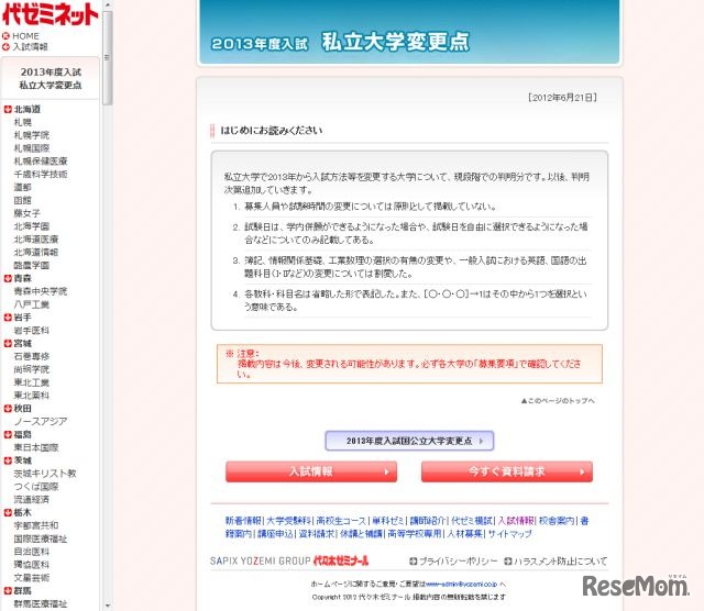 2013年度入試私立大学変更点（はじめにお読みください）