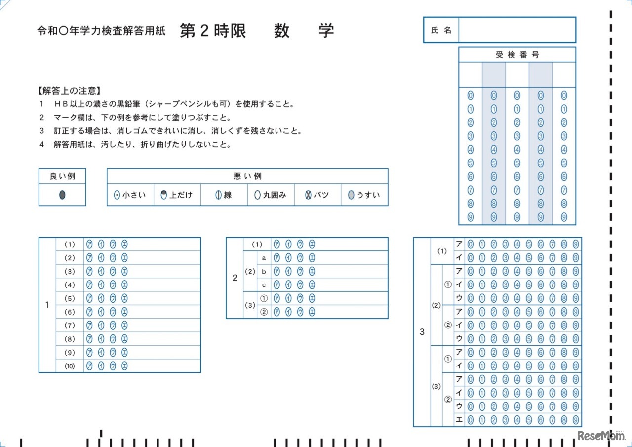 解答用紙（マークシート）の例「数学」