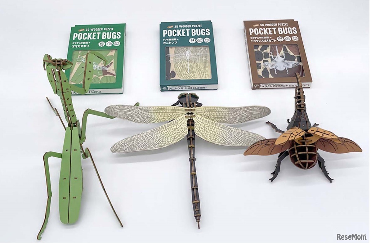 DIYクラフトキット「つくるんです『ポケットバグズ』」シリーズの「オオカマキリ」「オニヤンマ」「ヘラクレスオオカブト」の色付きウッドパズル