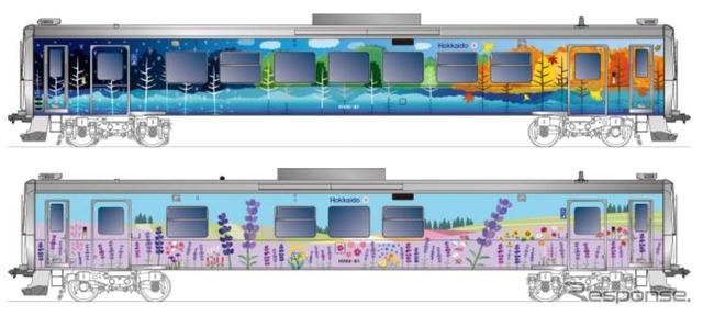 H100-81に施される富良野線のラッピング。沿線のラベンダー畑や青い池をイメージ。
