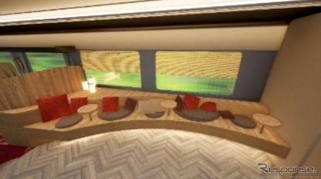 新観光列車の車内イメージ。「お客様が歓談・地域の方々によるイベントを楽しめる」というフリースペースが設けられる。