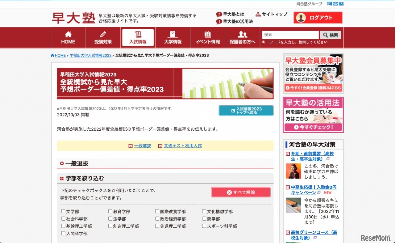 早稲田大学 全統模試から見た早大予想ボーダー偏差値・得点率2023