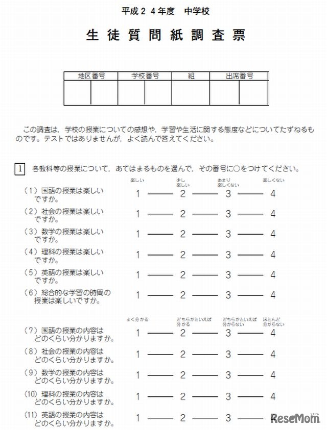 2012年度　中学校　生徒質問紙調査票