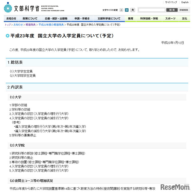 平成23年度　国立大学の入学定員について（予定）