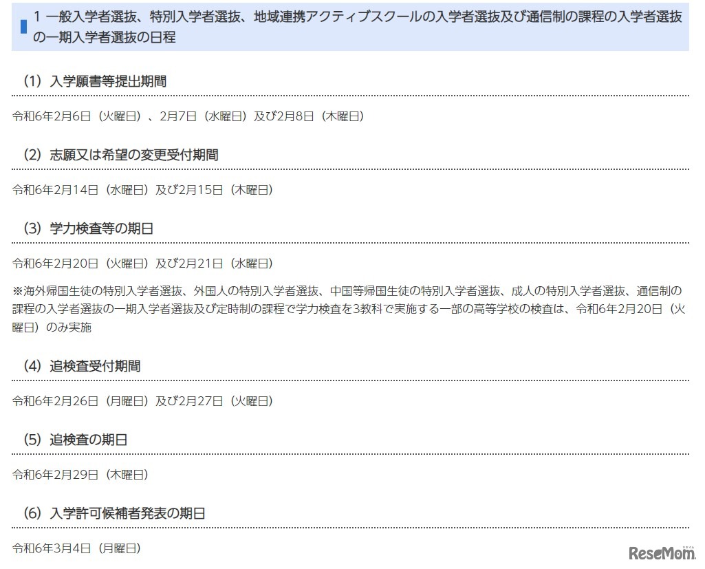 2024年度（令和6年度）千葉県県立高等学校入学者選抜の日程