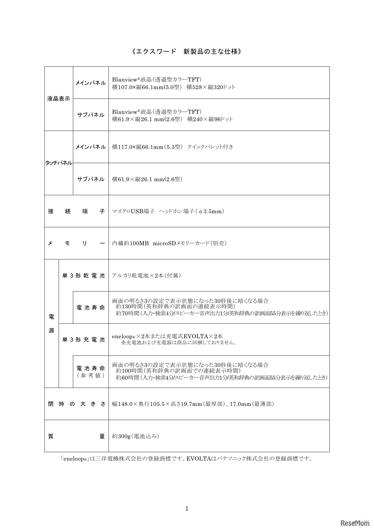 エクスワード 新製品の主な仕様