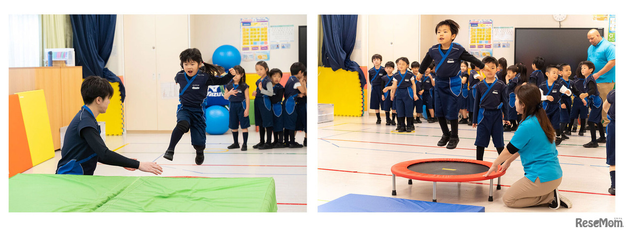 トランポリンを使ってジャンプしながらマットに移動する（左）動きと、ジャンプしてトランポリン上で静止してからマットに移動する（右）動きを交互に。複雑な動きだが、皆バランスを崩すこともない