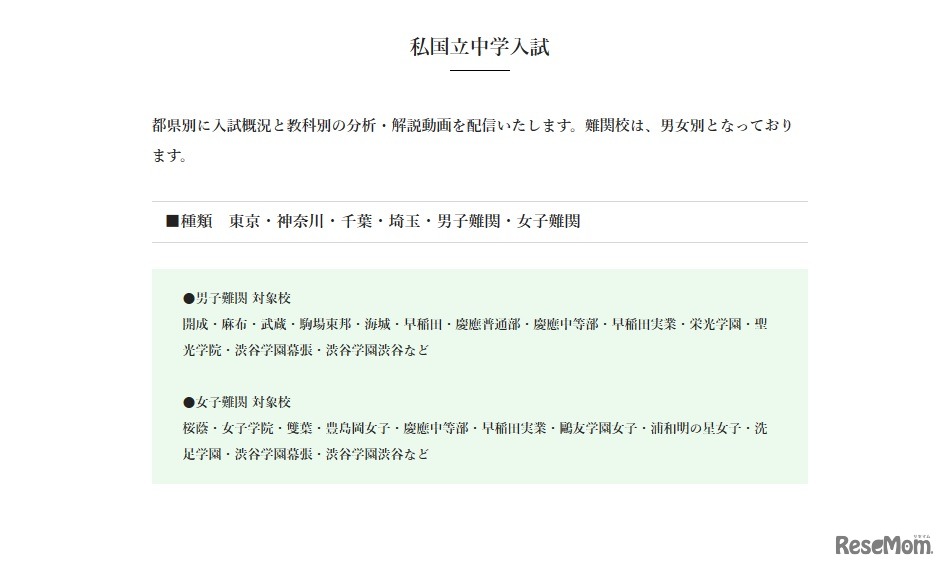 私国立中学入試、男子難関・女子難関