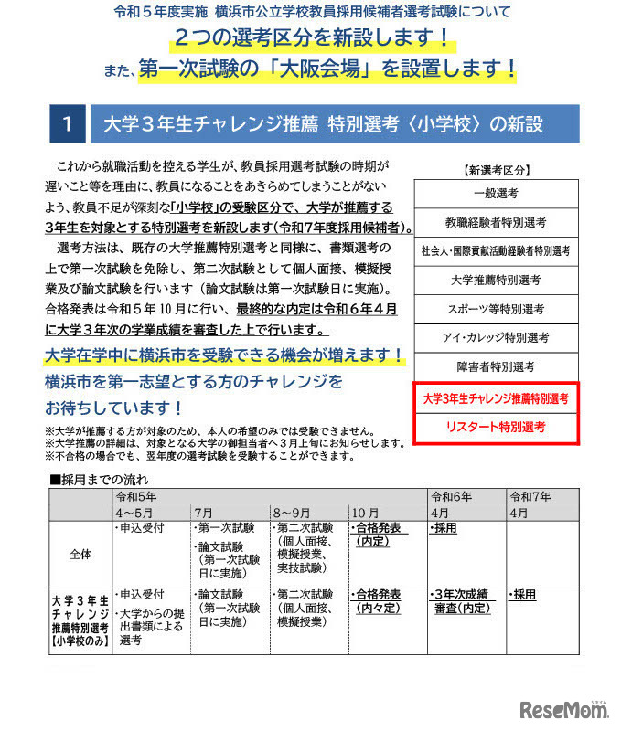 横浜市公立学校教員採用試験（2023年度実施）2つの選考区分を新設＆第一次試験「大阪会場」設置