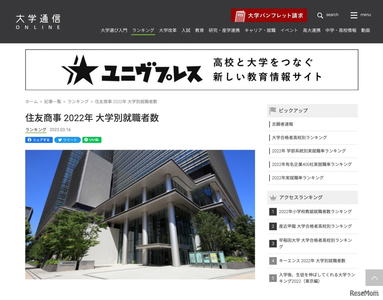 住友商事 2022年大学別就職者数