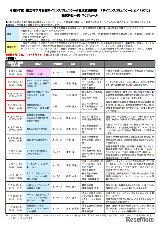 授業科目一覧・スケジュール