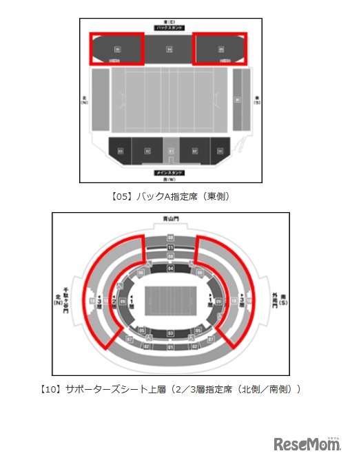 上　バックA指定席（東側）、下　サポーターズシート上層2・3層指定席（北側・南側）