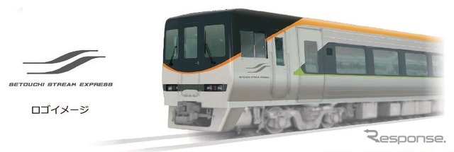 貫通式となっているL編成の5号車8400形、S編成の6号車・8200形のエクステリアイメージ。オレンジは瀬戸内の温暖な気候や愛媛の柑橘を、窓下のグリーンのラインは香川のオリーブをイメージ。各先頭車の先頭部側面には左のロゴが付く。