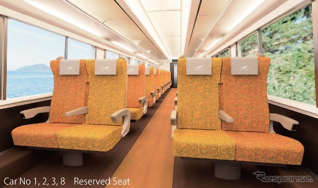 普通車指定席のリニューアルイメージ。全座席にコンセントが設けられ、モケットは光きらめく柑橘をモチーフとしたものに。