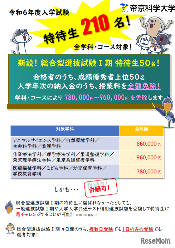総合型選抜（I期）で特待生制度導入