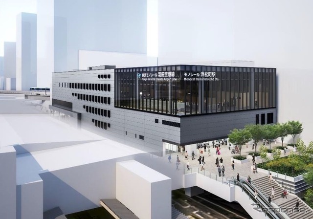 防災機能の強化も図られるモノレール浜松町駅新駅舎のイメージ。2029年12月の竣工を目指して工事が進められる。