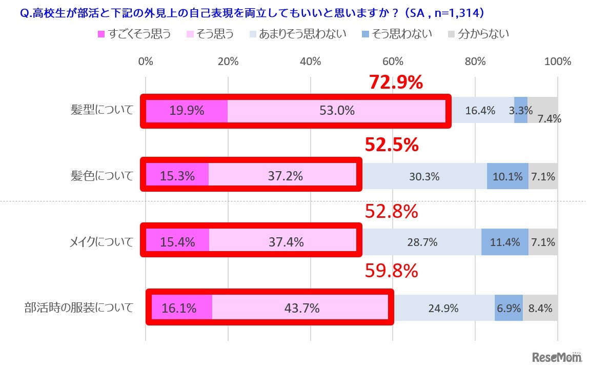高校生が外見上の自己表現と部活を両立することへの賛否の項目別調査