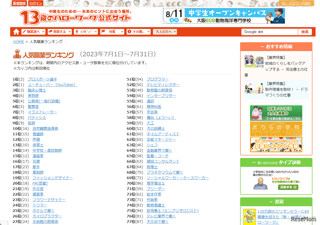 人気職業ランキング （2023年7月1日～7月31日）の一部