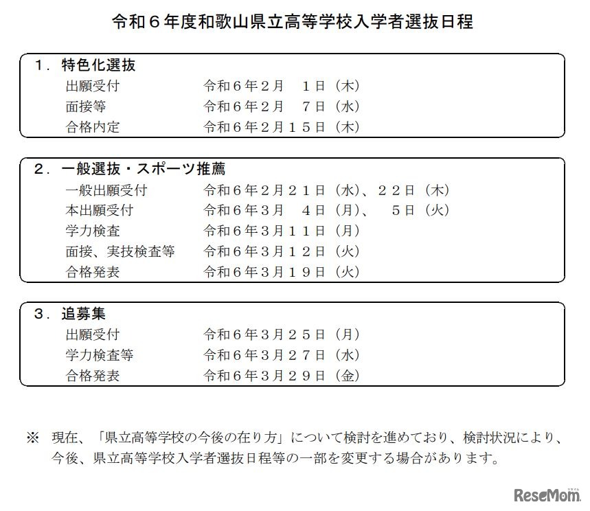 2024年度和歌山県立高等学校入学者選抜日程
