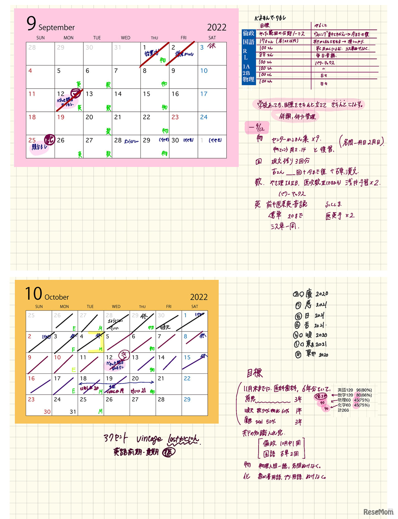 目標がしっかりと書き込まれた中西さんの昨年9月、10月のスケジュール