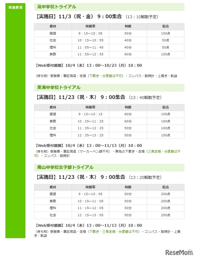 滝中学校・東海中学校・南山中学校女子部トライアル実施要項
