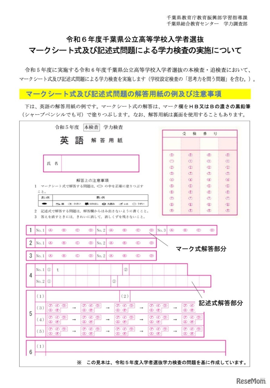 令和6年度千葉県公立高等学校入学者選抜　マークシート式および記述式問題による学力検査の実施について（説明リーフレット）