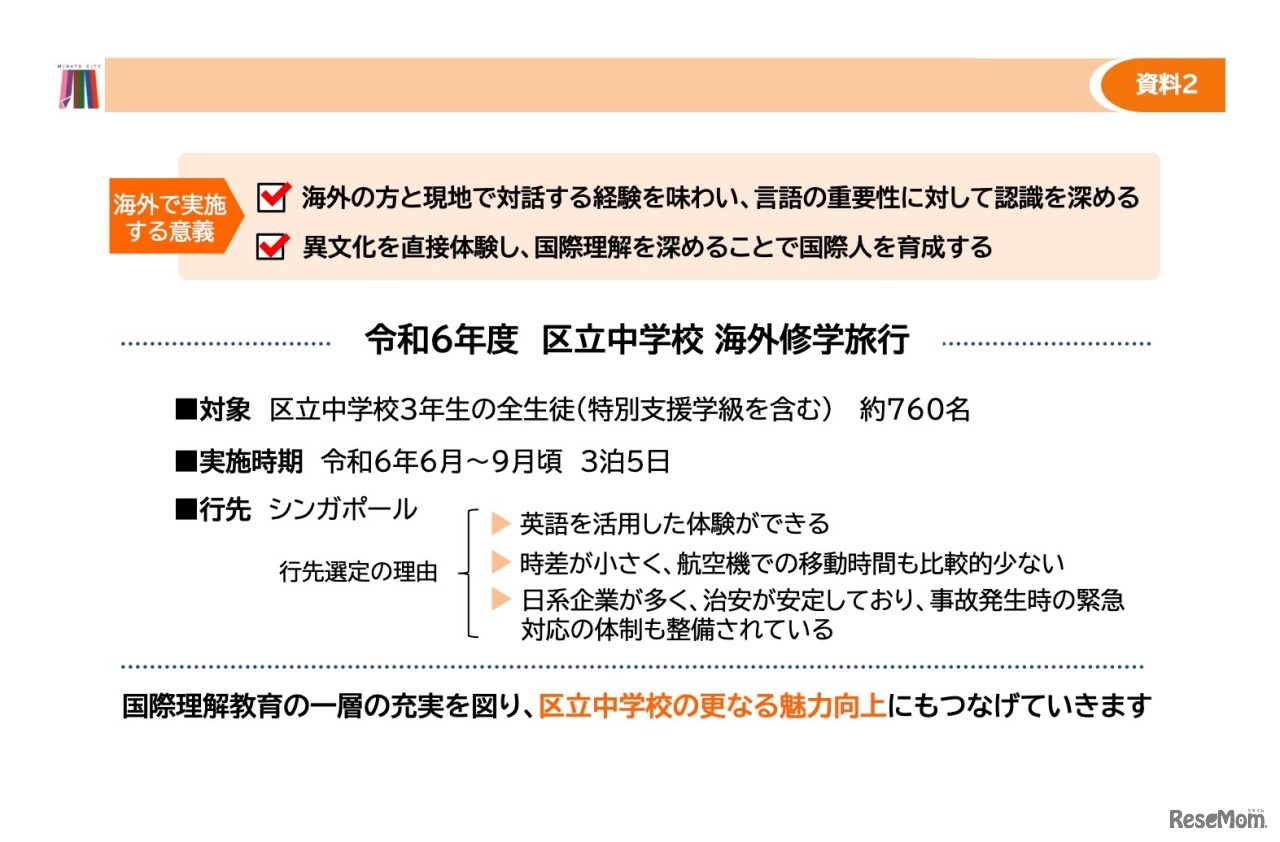 都内初、全区立中学校で海外修学旅行を実施