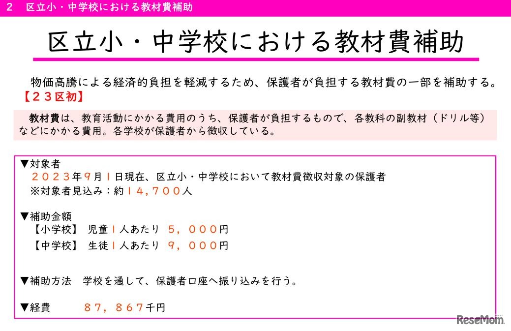 区立小中学校における教材費補助