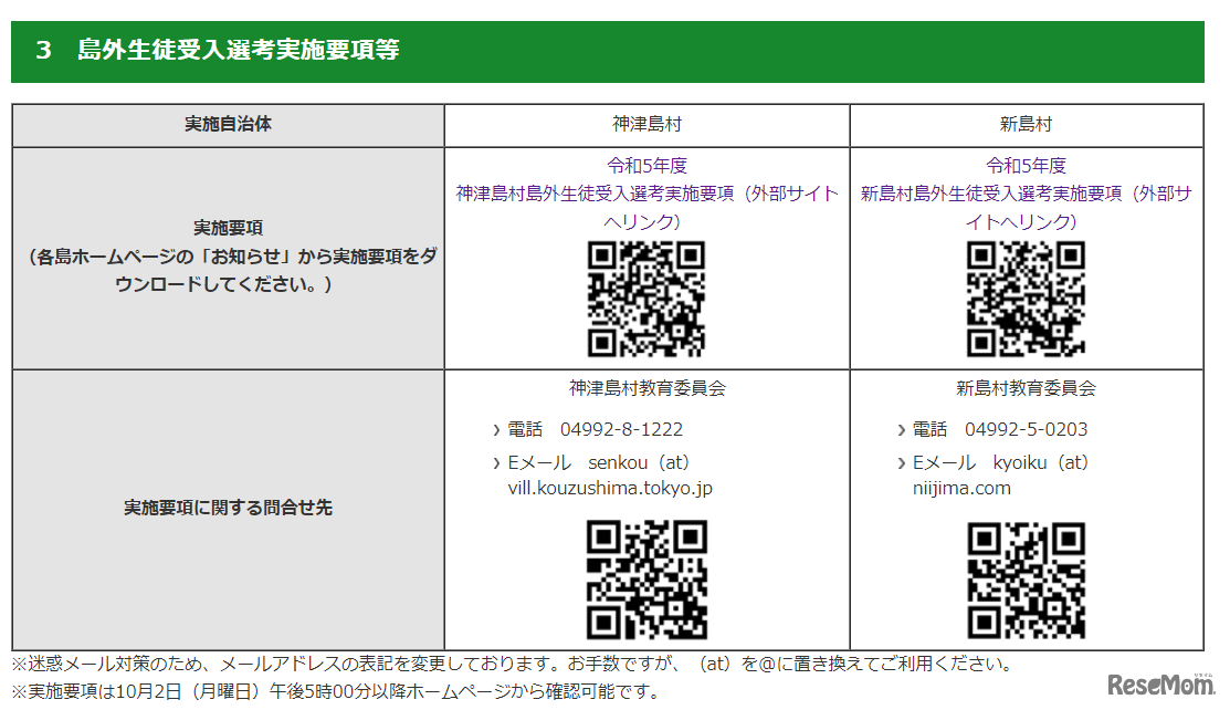 島外生徒受入選考実施要項など