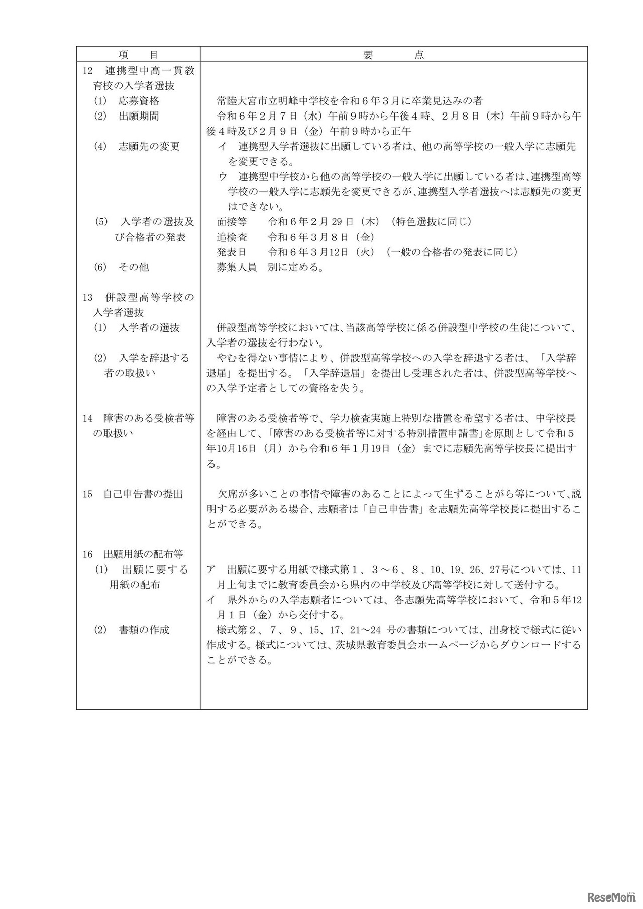 令和6年度茨城県立高等学校入学者選抜実施細則（要点）
