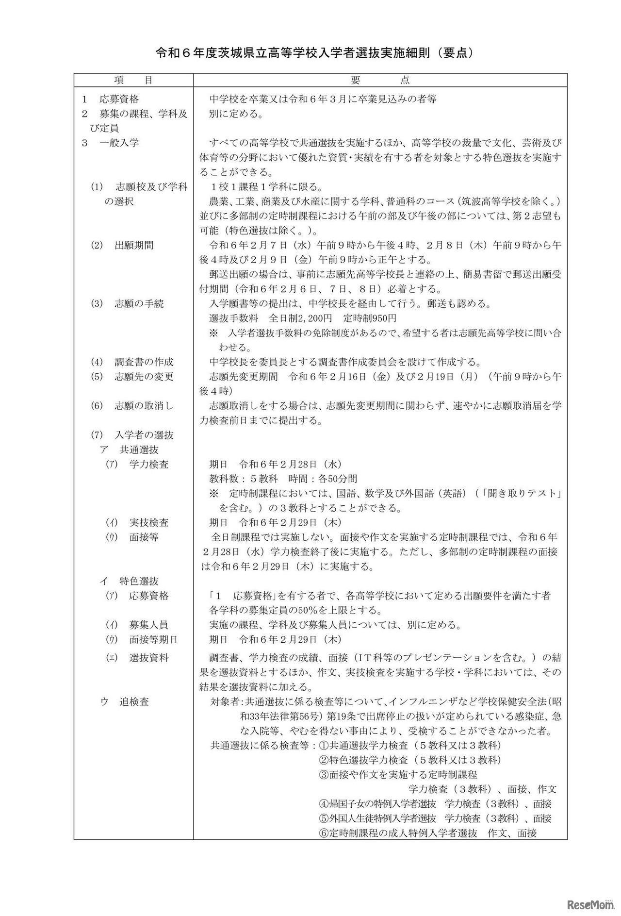 令和6年度茨城県立高等学校入学者選抜実施細則（要点）