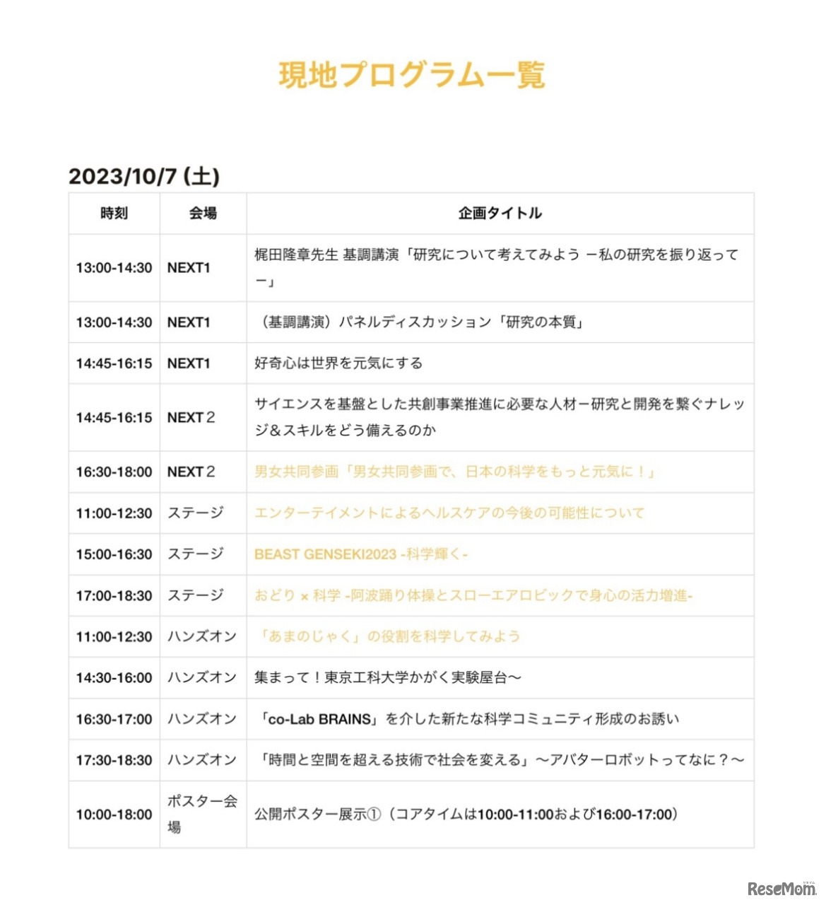 現地プログラム一覧：10月7日