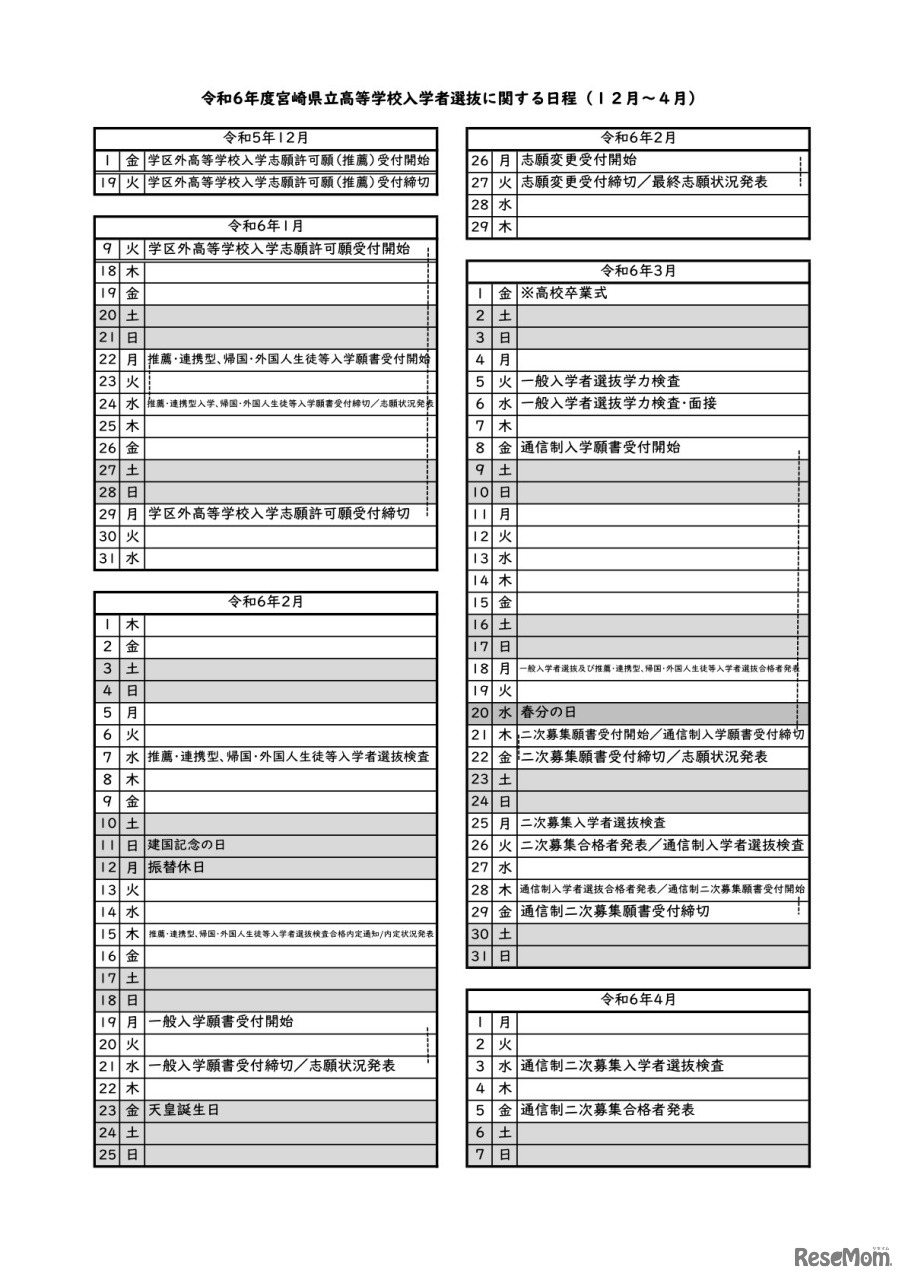 令和6年度宮崎県立高等学校入学者選抜に関する日程（12月～4月）