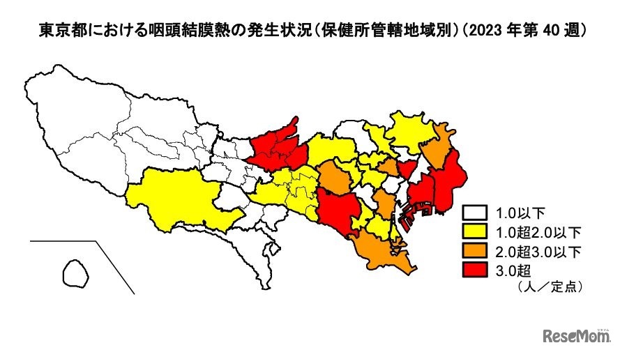 東京都における咽頭結膜熱の発生状況（保健所管轄地域別、2023年第40週）